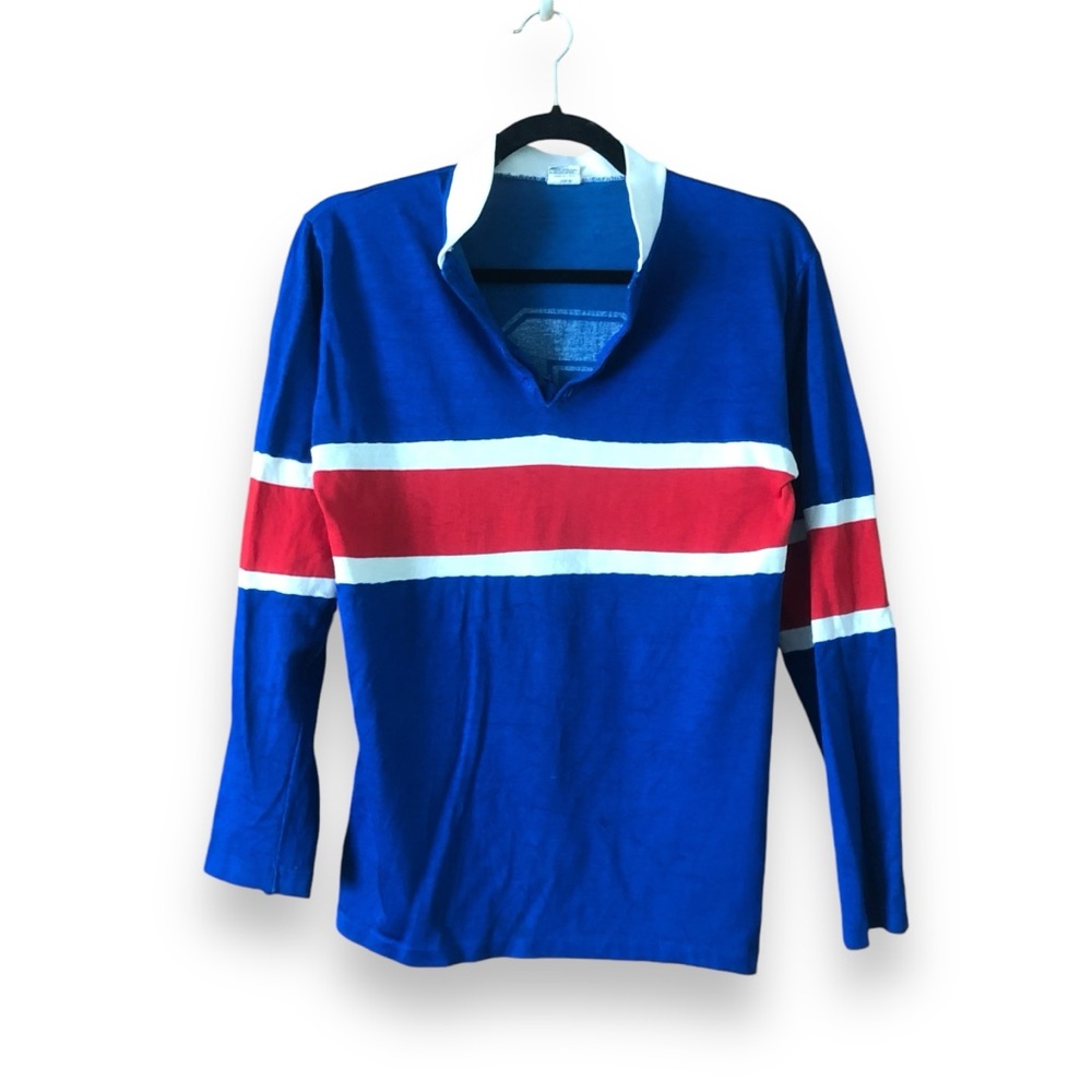 Vintage 50 60s Campus Blue Red White Knit Stripe Jersey 9 Size Medium